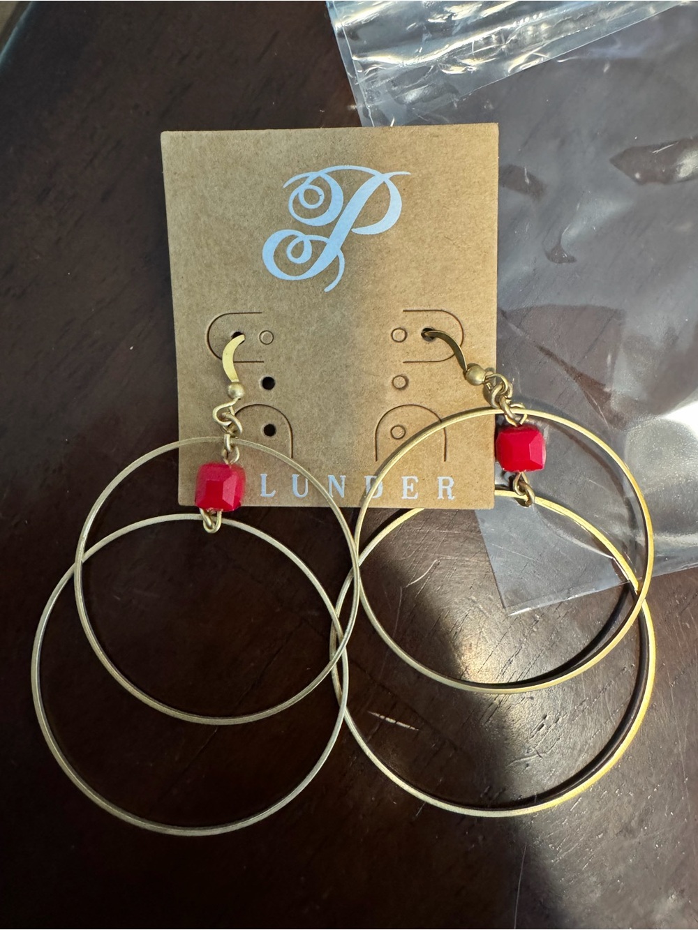 Plunder Gold Triple Hoop Earrings with Red Bead Accent